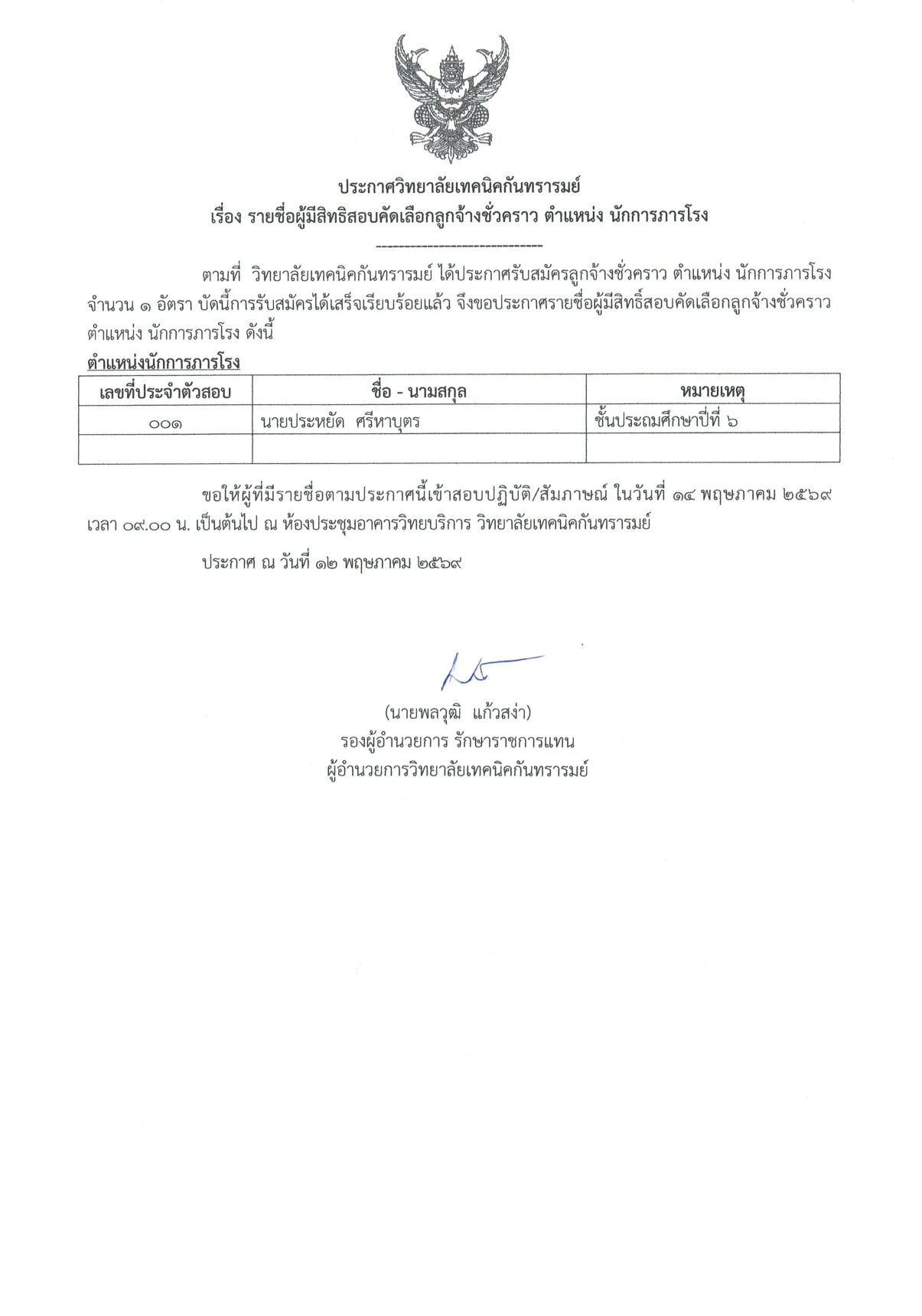 ประกาศวิทยาลัยเทคนิคกันทรารมย์ เรื่อง รายชื่อผู้มีสิทธิสอบคัดเลือกลูกจ้างชั่วคราว ตำแหน่ง นักการการโรง